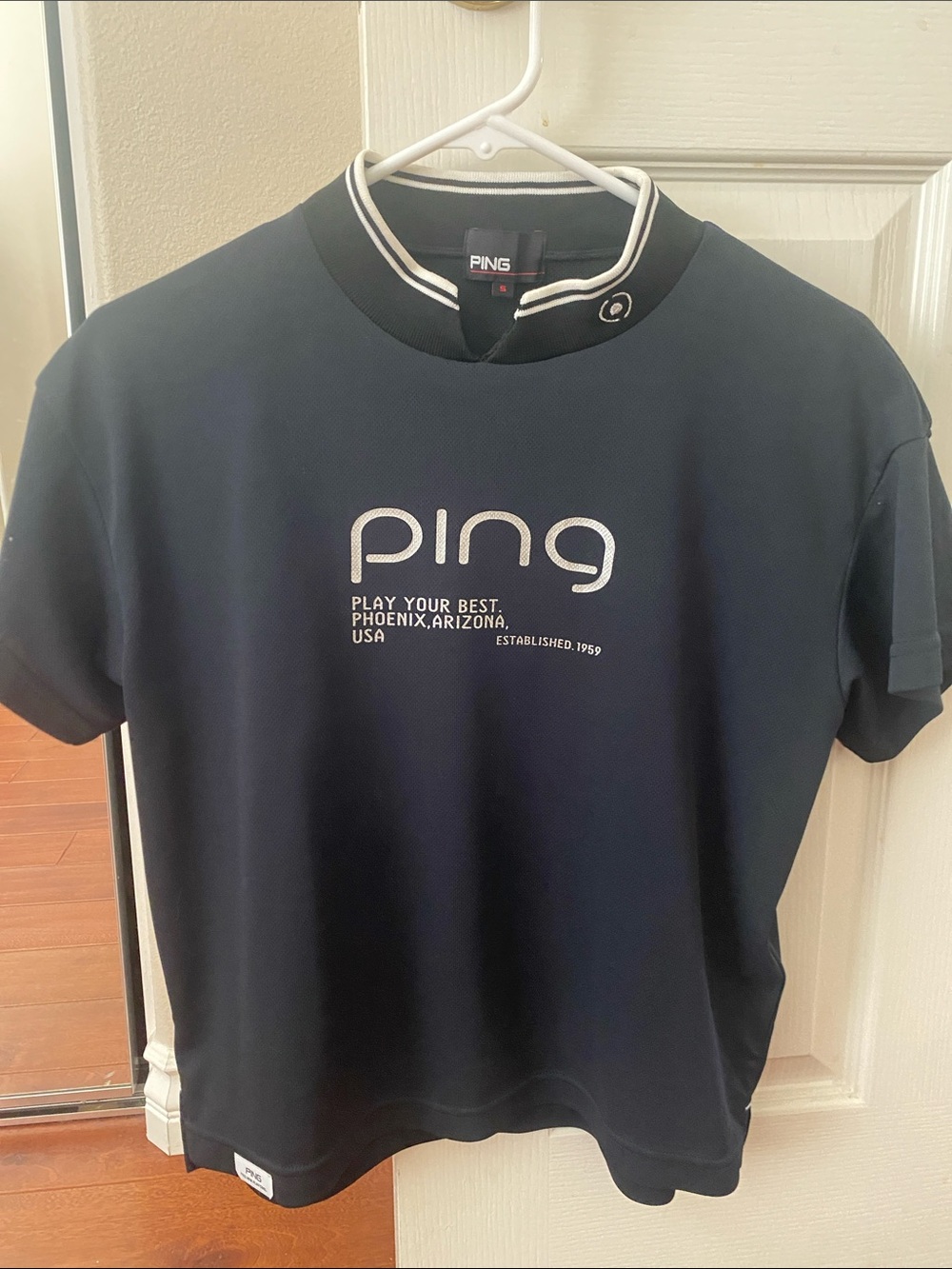 PING women's Navy Short-Sleeve Logo Polo with White Trim